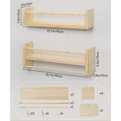 40cm Set of 3 Shelves Floating Book Shelf for Wall, Shelves for Bedroom Bookshelf Pink Room Decor, Solid Wood Small Organizer With Wooden Bead Design