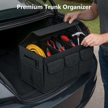 Car Boot Organiser with Lid Foldable Collapsible Storage Box 50x30cm Thickened Base Accessory Compartments Luggage Sorting Bin for Cars SUVs & Vans Black