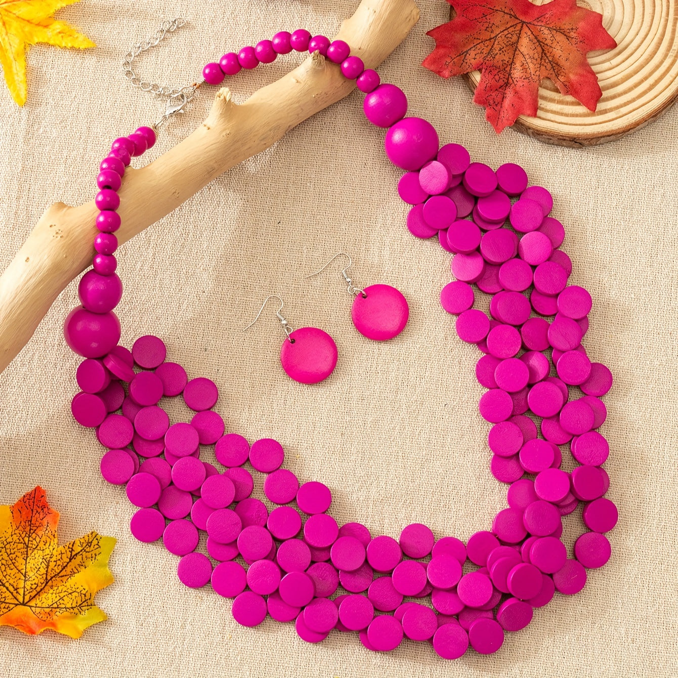 3pcs Bohemian Style Wooden Multi-Layer Necklace And Earrings 7 Colors Optional Women'S Jewelry Set
