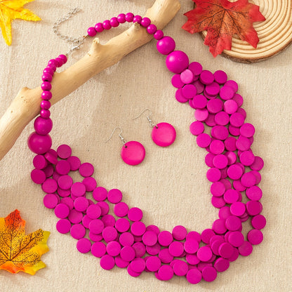 3pcs Bohemian Style Wooden Multi-Layer Necklace And Earrings 7 Colors Optional Women'S Jewelry Set
