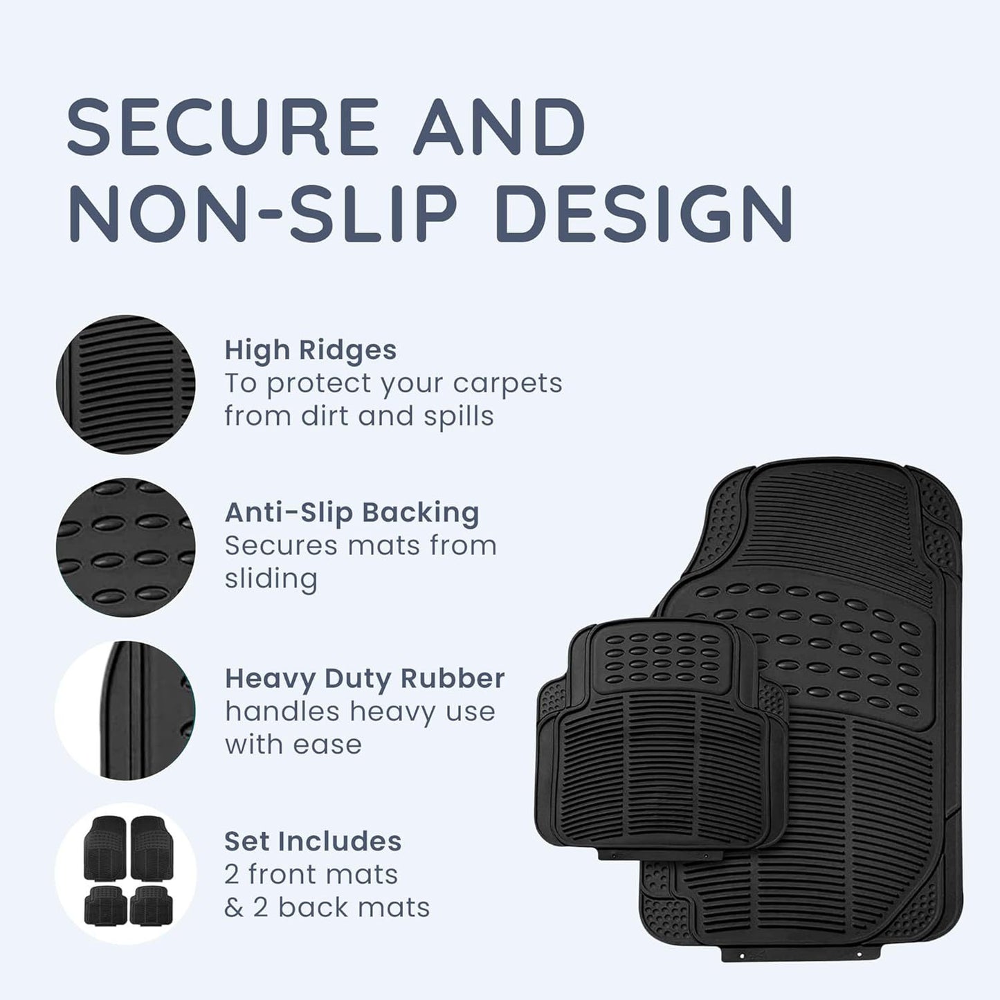 CUQOO 4pcs Universal Rubber Car Mats - Heavy Duty, Non-Slip All Weather Mats for Cars, SUVs, Trucks & Vans, Waterproof, Easy to Clean, with Deep Grooved Design for Extra Durability
