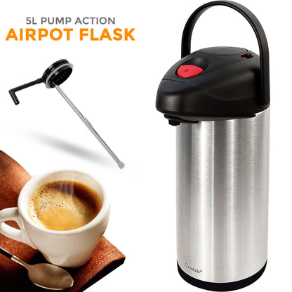 5L Stainless Steel Insulated Vacuum Airpot Flask with Pump Action, Thermal Carafe for Hot or Cold Drinks