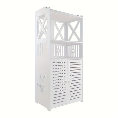 Bathroom Floor Cabinet Shelf FreeStanding Bathroom Storage Unit with Daily Use Layer And Cupboard Double Door, Multi-purpose PVC Cabinet for Store Toilet Paper, Shampoo, White 40x 25x 90cm