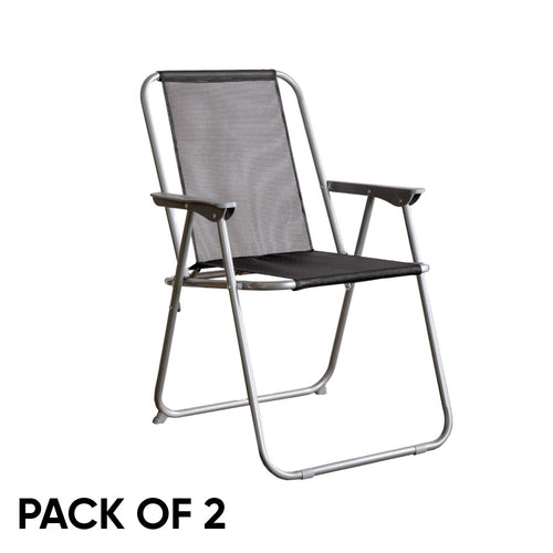 Pack of 2 Foldable Garden Chairs Powder-Coated Grey Metal Frame Black Fabric Seat Lightweight Portable Outdoor Folding Chair