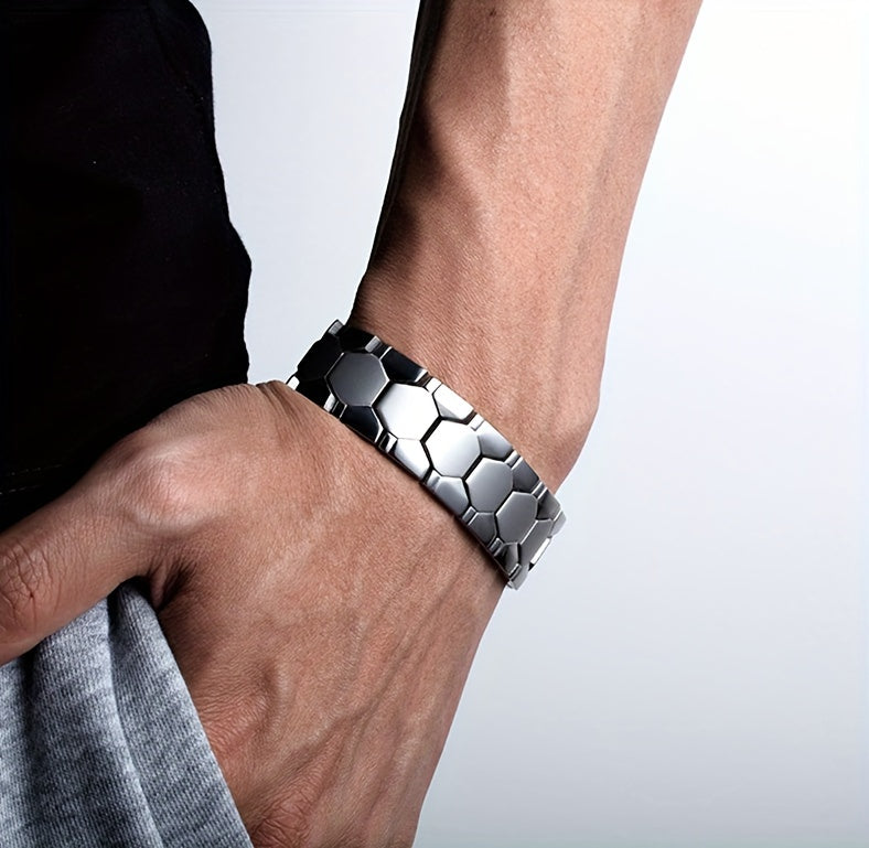 Heavy-Duty Titanium Steel Bracelet - (Soccer) Design with Black/Grey Hexagonal Beads & Red Accent - Adjustable Ic-Like Clasp (No) - Durable Gift for Athletes, Year-Round Wear