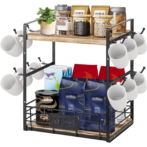 12 Mug Hooks 2 Tier with Countertop Organizer Station Multi-Functional Coffee Bar Kitchen Storage Shelf Space-Saving Home Office Display Rack