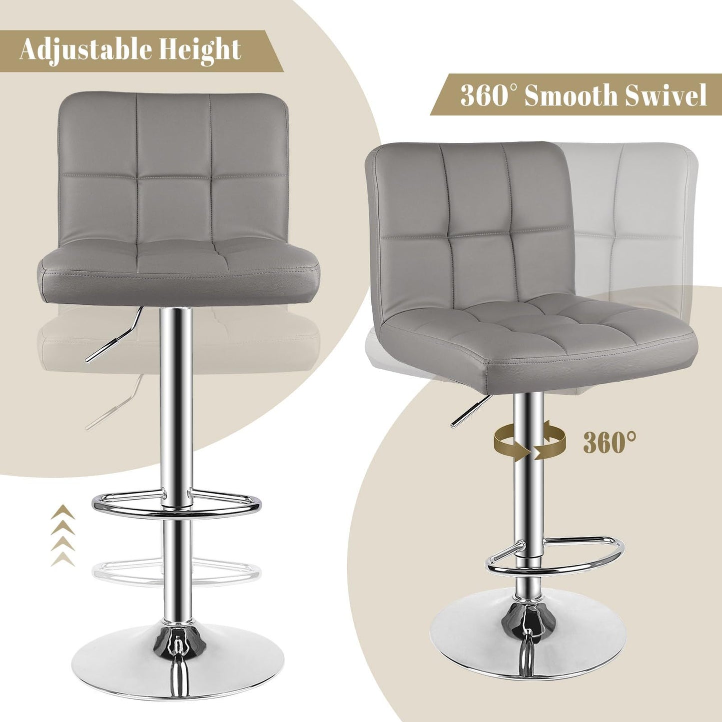 GartistGo Bar Stools Set of 2, 360° Swivel Adjustable Height Barstools with Waterproof PU Leather Upholstery, Heavy-Duty Metal Frame Counter Stools for Kitchen Breakfast Bar, Square