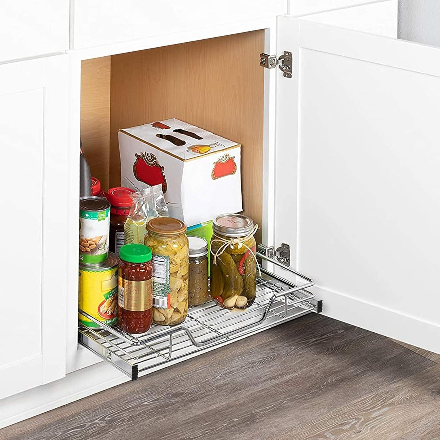 Slide-Out Wire Storage Baskets - Set of 2 or 4, Chrome Organiser Drawers for Kitchen Cabinets, Pantry & Bathroom (Fits Base Units)