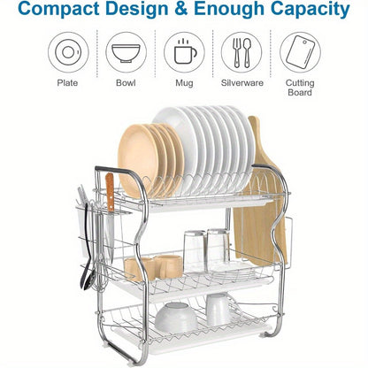 1pc 3 Tier Dish Rack with Cutlery Cup Plates Holder and Sink Draining Rack Tray - 3 Layer Drain Rack, Cutting Board Holder, and Household Tableware Storage Rack - Kitchen Accessories
