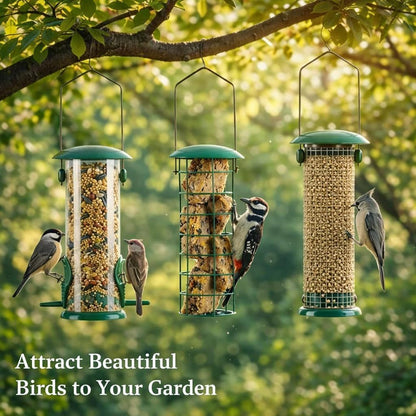 3pc Hanging Bird Feeder, Seed, Nut & Fat Ball Feeders Weatherproof Mesh, Metal & Plastic Set, Birds Feed Station Easy to Refill & Clean for Backyard Birding, Set of 3 Green
