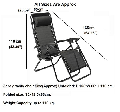 2 x Zero Gravity Reclining Garden Chair Sun Beach Lounger Recliner Outdoor Black
