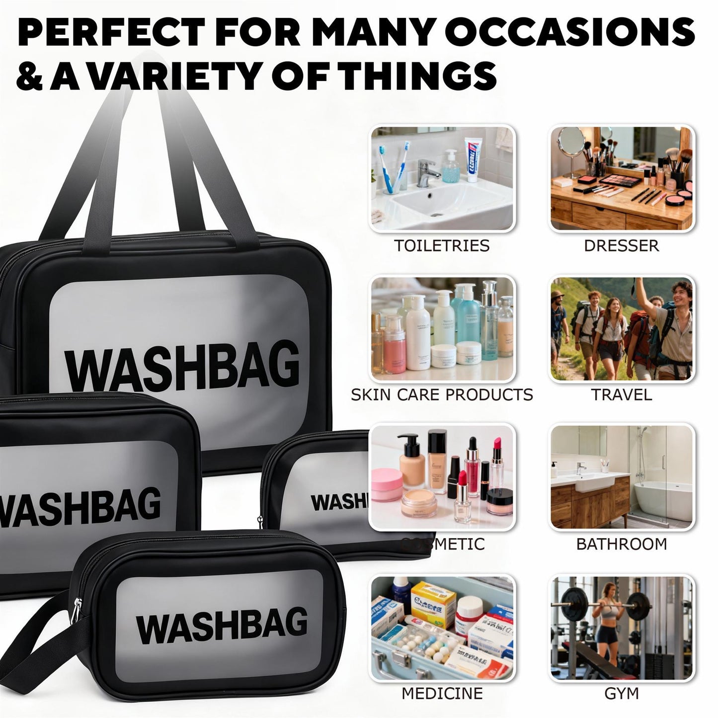 LIVHOME 4pcs Clear Toiletry Bags, Waterproof PVC Travel Makeup Bags, Transparent Wash Bags for Women and Girls, Multi-Sized Closet Organizer for Toiletries, Cosmetics, and Wardrobe Storage