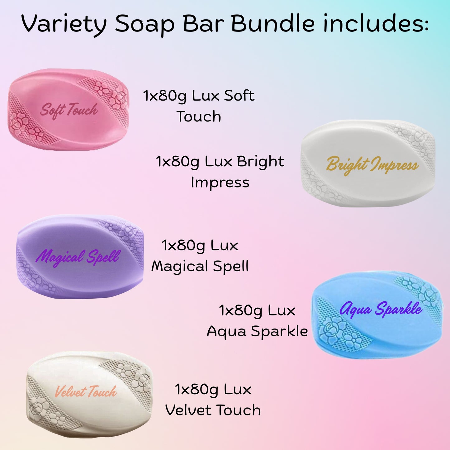 Lux Soap Bars Beauty Soap Collection - 5 Soap Bars (Soft Touch, Magical Spell, Bright Impress, Aqua Sparkle & Velvet Touch) 80g each