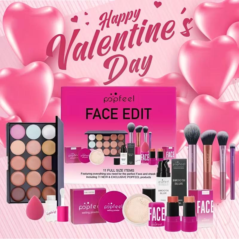 POPFEEL Full Face Makeup Kit, includes facial editing palette - waterproof, sweatproof, long-lasting full coverage, 12-in-1 multi-functional palette containing primer, foundation, concealer, setting powder, blush, contour, highlighter, bronzer, eyeshadow,