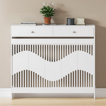 Modern White MDF Wood Radiator Cover with Drawers - Contemporary Style, Great Choice for Living Room, Bedroom, Hallway, Suitable for Placing Decorative Items and Storing Small Objects.