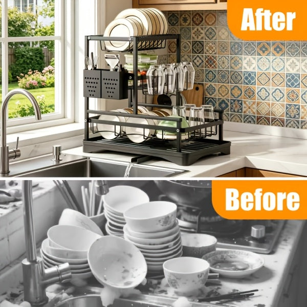 1pc 3-Tier Dish Drainer Rack for Kitchen Counter, Space-Saving Large Capacity Drying Rack with Utensil Holder, Cutting Board Holder, Cup Holder, And Draining Board