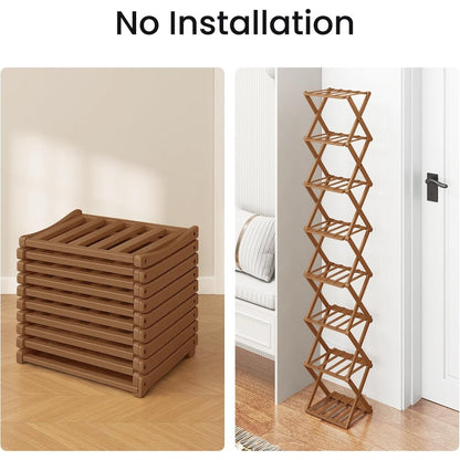 Space-Saving Bamboo Shoe Rack - Vertical Narrow Foldable 4-8 Layer Shoe Rack, Multi-Layer Design Free Installation Retractable Shoe Rack, Small Narrow Doorway Home, Multi-layer Simple Shoe Cabinet Portable Shoe Rack Organizer, Long Shoe Rack, Rack Shoes,