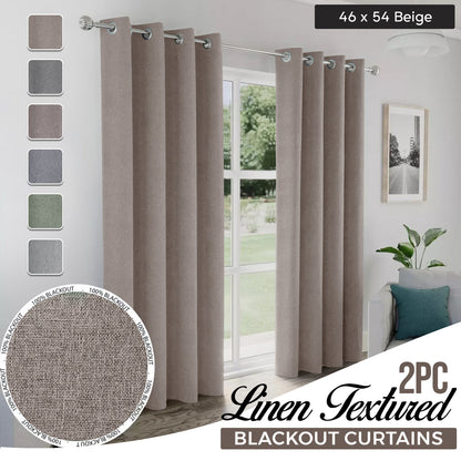 2pcs Linen Textured Blackout Curtains – Linen-Look Coated Thick Fabric Grommet Top Drapes for Bedroom & Living Room, Noise Reducing Energy Saving Window Panels for Home Decor 135GSM