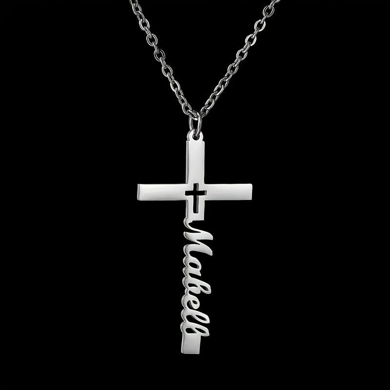 Golden Silvery Personalized Custom Name Necklace 1pc, Hollow Cross Pendant, Women Girlfriend Gift Jewelry, Easter Religious Belief Gift, Suitable for Women Mom