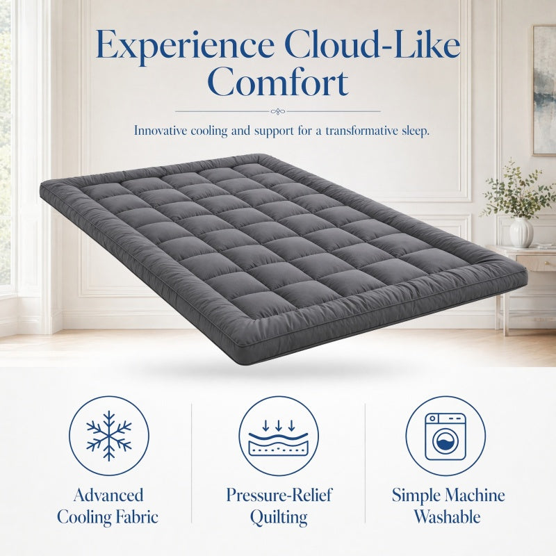 Grey Mattress Topper 4-Inch / 10cm Hotel Quality Deep Fitted Mattress Pad with Corner Elasticated Straps Quilted Box Stitch Breathable All-Season Comfort Single Double Small Double King Super King, 1000GSM Fiber Fill