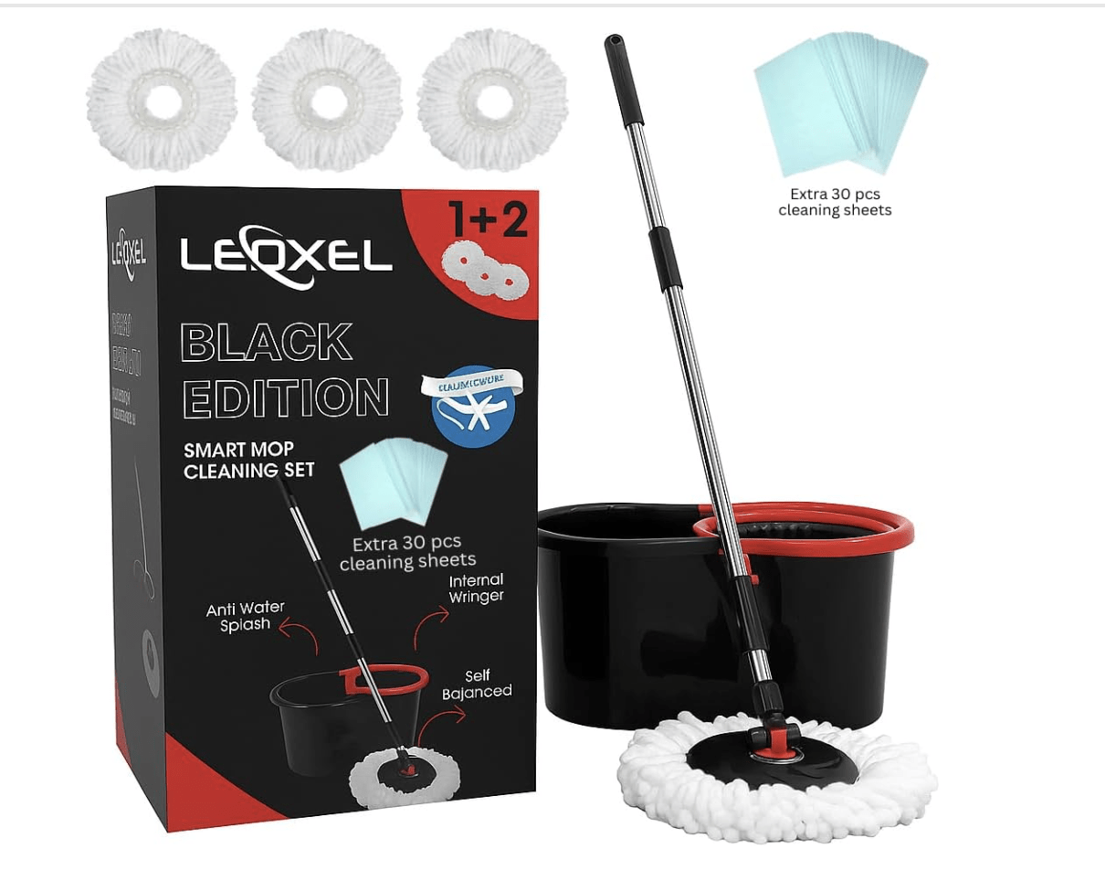 360° Spin Mop for Hard Floor – Cleaning Mop and Buckets Sets System with Easy Wring, Black 4 Reusable Microfiber Mop Heads – For Hardwood, Tile, Laminate, Vinyl Floors