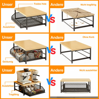 Space-Saving Kitchen Countertop Organizer with Drawers And Metal Baskets - Sturdy Hardwood And Metal Two-Tier Storage Rack, Suitable for Coffee Machines, Tableware, Spices - Modern Black/White Design, No Power Required, Durable Home