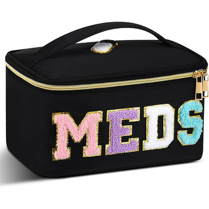 Women'S Large Capacity Makeup & Medication Organizer Bag with MEDS Lettering & Glittery Accent - Portable Travel Toiletry Case, Spacious Multi-Compartment Storage for Medication, Cosmetics, Jewelry & Accessories, Durable Fabric-like Material (Pink/Black/T