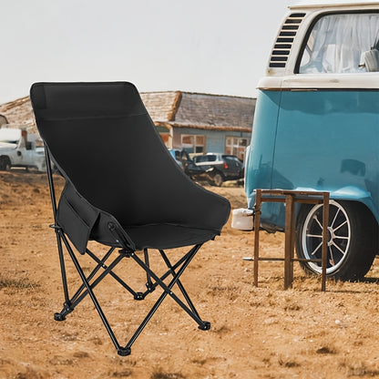 Athletic Style Folding Chair, High-Back Crescent Camping Chair, Portable Large Heavy-Duty Folding Dish-Shaped Recliner with Side Storage Pocket And Headrest, Suitable for Travel, Outdoor Fishing, Hiking, Garden Courtyard