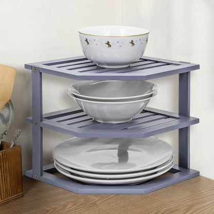 Bamboo Cabinet Shelf Organiser - 3 Tier Corner Shelf for Kitchen & Bathroom Countertop Cabinet Organiser Plate Rack Tidy Cupboard Shelf Insert Storage Organisation