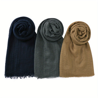 3pcs/Lot Solid Color Bubble Pleated Warm Autumn And Winter Scarf Solid Color Muslim Headscarf Hijab Scarf Ramadan