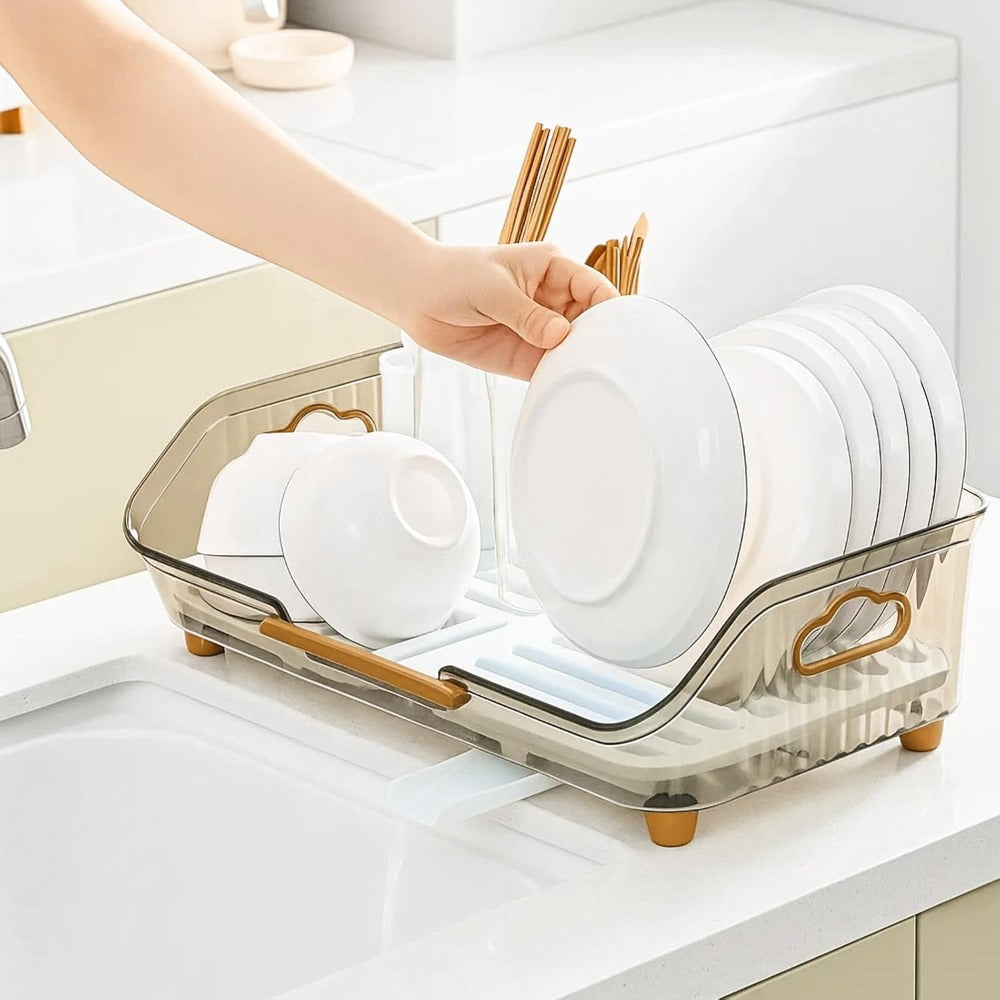 1pc Dish Drying Rack with Handle & Drainboard - Space-Saving Compact Design with Utensil Holder, Durable Plastic Construction, Easy to Clean & Move - Over Sink or Countertop Use for Small Kitchens, Apartments, RVs - Modern White & Golden Kitchen Organizer