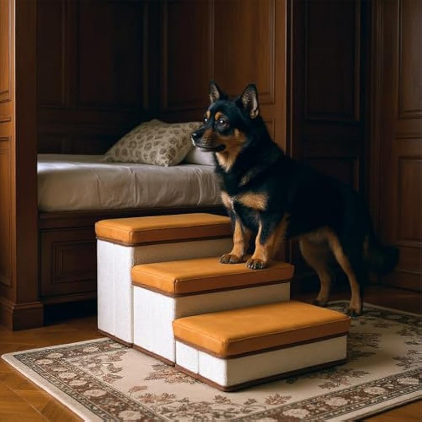 Foldable Dog Stairs, 3 Tier Pet Steps with Storage, Adjustable Dog Ramp for Bed and Sofa, Soft Flannel Pet Stairs for Small & Medium Dogs and Cats