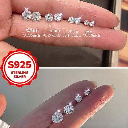 925 Sterling Silvery Synthetic Zirconia Stud Earrings Round 0.1-0.8Ct White 3/4/5/6mm Daily Wear Trendy for Women Accessories Female Gift