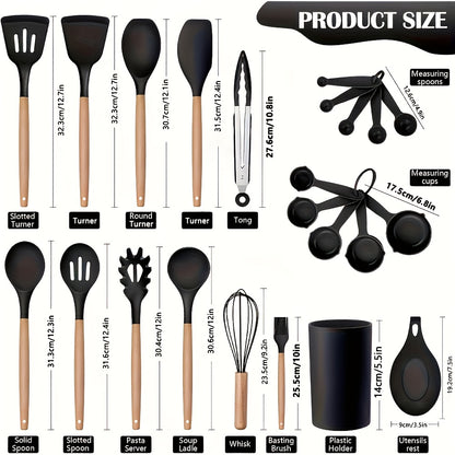 23 pcs Silicone Utensil Set, Kitchen Utensil Set, Safety Cooking Utensils Set, Non-Stick Cooking Utensils Set with Wooden Handle, Washable Modern Cookware, Kitchen Stuff, Kitchen Gadgets, Kitchen Essentials, Cookware Kitchen Set, Ideal for Christmas