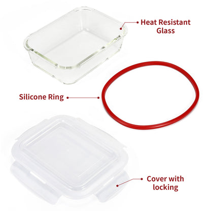 Vinsani Glass Food Storage 5 Pack 840ML Containers Rectangle Food Meal Prep Lunch Boxes with Lids Airtight Heat Resistant Leakproof Lid BPA-Free Dishwasher Microwave Freezer Safe