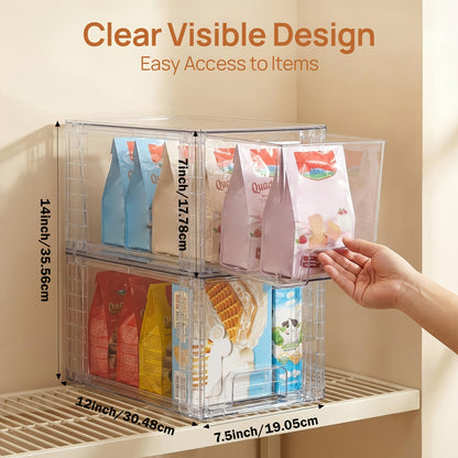4pcs Food Storage Drawers - Clear Stackable Slide-Out Cabinet Organizers with Lids, Plastic Bins for Pantry, Kitchen, Cabinet, Undersink, Bathroom Organization