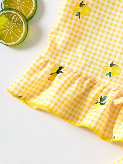 2pcs Set. Girls' Vest And Shorts Outfit, Lemon Print, Contrast Plaid Pattern, Bow Detail, Ruffled Hem. Summer Casual Outfit for Girls. Ideal Gift for 1-8 Year Olds. Suitable for Outdoor Wear
