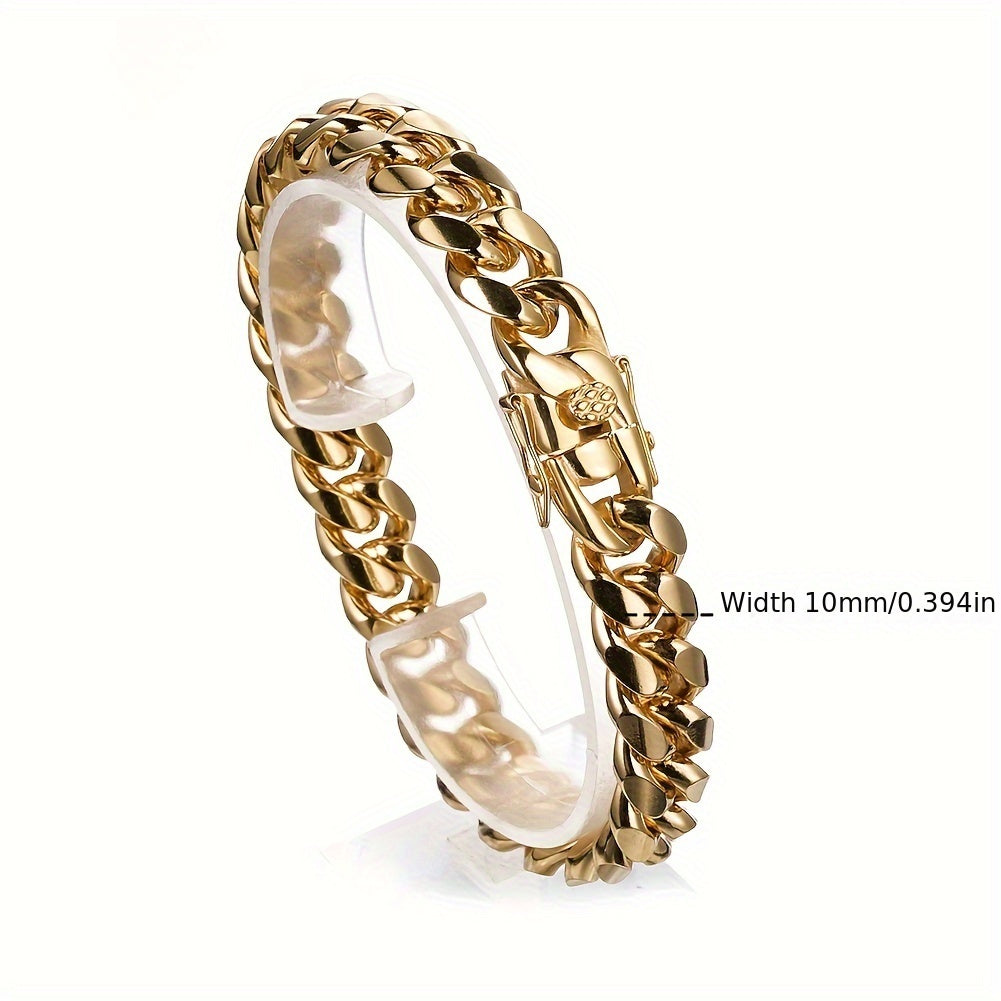 304L 304L Stainless Steel Artificial Round Polished Surface Plated 18K Gold Plated Width 10Mm Golden Cuban Bracelet 'Necklace' Suitable for Men And Women Hip Hop Fashion Accessory Jewelry