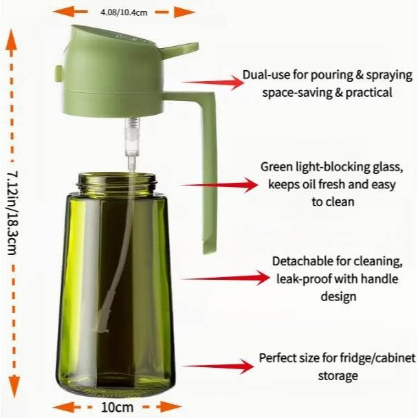 Set of 2 Kitchen Glass Olive Oil Dispensers, a 2-In-1 Oil Bottle And Cooking Sprayer, 16-Ounce Premium Dark Green Glass Oil Bottle, Cooking Oil Dispenser, Kitchen Oil Sprayer, Includes 6 Stickers, Suitable for Grilling, Rvs, Salads
