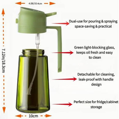 Set of 2 Kitchen Glass Olive Oil Dispensers, a 2-In-1 Oil Bottle And Cooking Sprayer, 16-Ounce Premium Dark Green Glass Oil Bottle, Cooking Oil Dispenser, Kitchen Oil Sprayer, Includes 6 Stickers, Suitable for Grilling, Rvs, Salads
