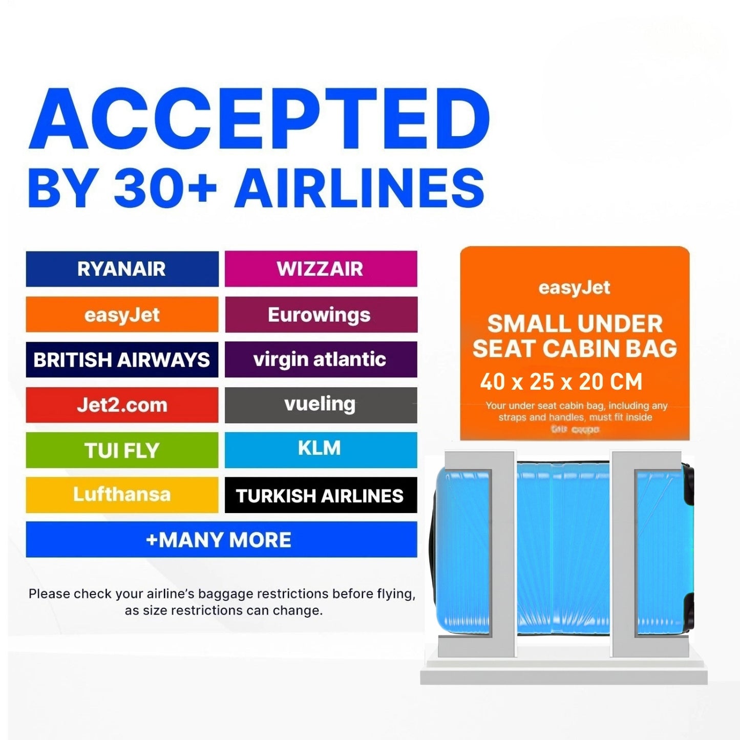 1611 RYANAIR UNDERSEAT CABIN TROLLEY CASE 40 X 25 X 20 CM DETACHABLE WHEELS