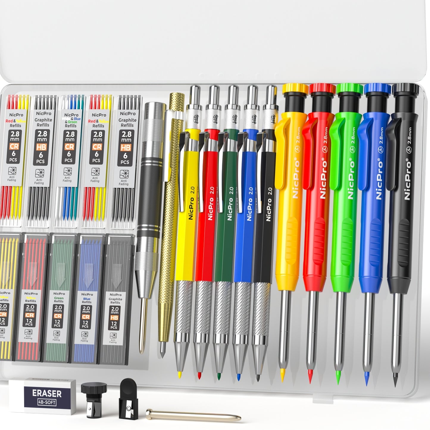 15/18/27Pack Carpenter Pencil Set with Sharpener, Mechanical Carpenter Pencils with Refill, Automatic Center Punch And Carbide Scribe Tool, Heavy Duty Construction Pencil for Architect-With Case