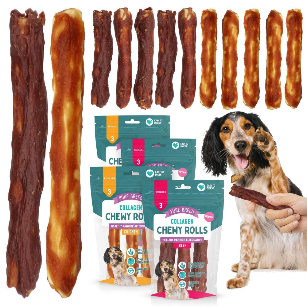 Collagen Chewy Rolls for Dogs 12 Pack – Long Lasting Dog Chews 12cm, Beef & Chicken Flavour, Natural Protein Training Treats for Puppies & Adults, Resealable Pack, Oral Care Boredom Buster