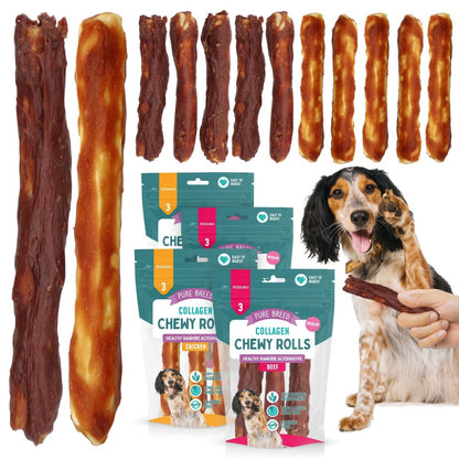 Collagen Chewy Rolls for Dogs 12 Pack – Long Lasting Dog Chews 12cm, Beef & Chicken Flavour, Natural Protein Training Treats for Puppies & Adults, Resealable Pack, Oral Care Boredom Buster