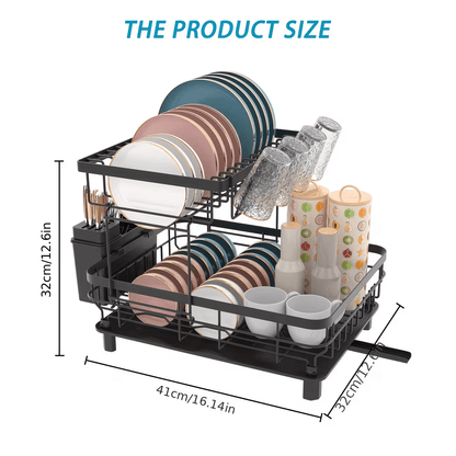 2 Tier Dish Drainer Rack Black Kitchen Counter Dish Storage Rack with Drip Tray Utensil Holder