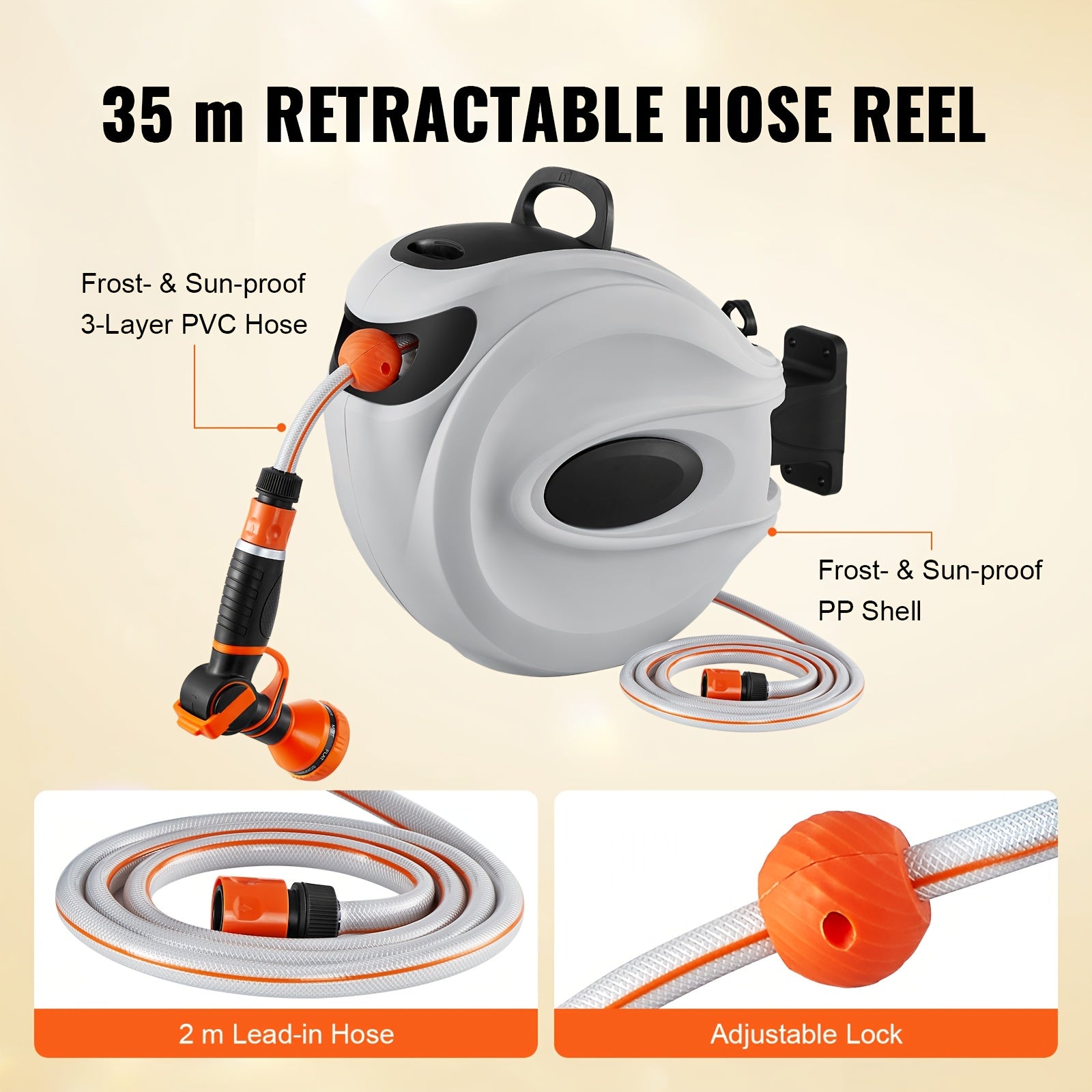 VEVOR Retractable Hose Reel Wall Mounted 180° Swivel | 20m or 25m x 1/2 Inch Garden Water Hose Reel with 2m Lead Hose