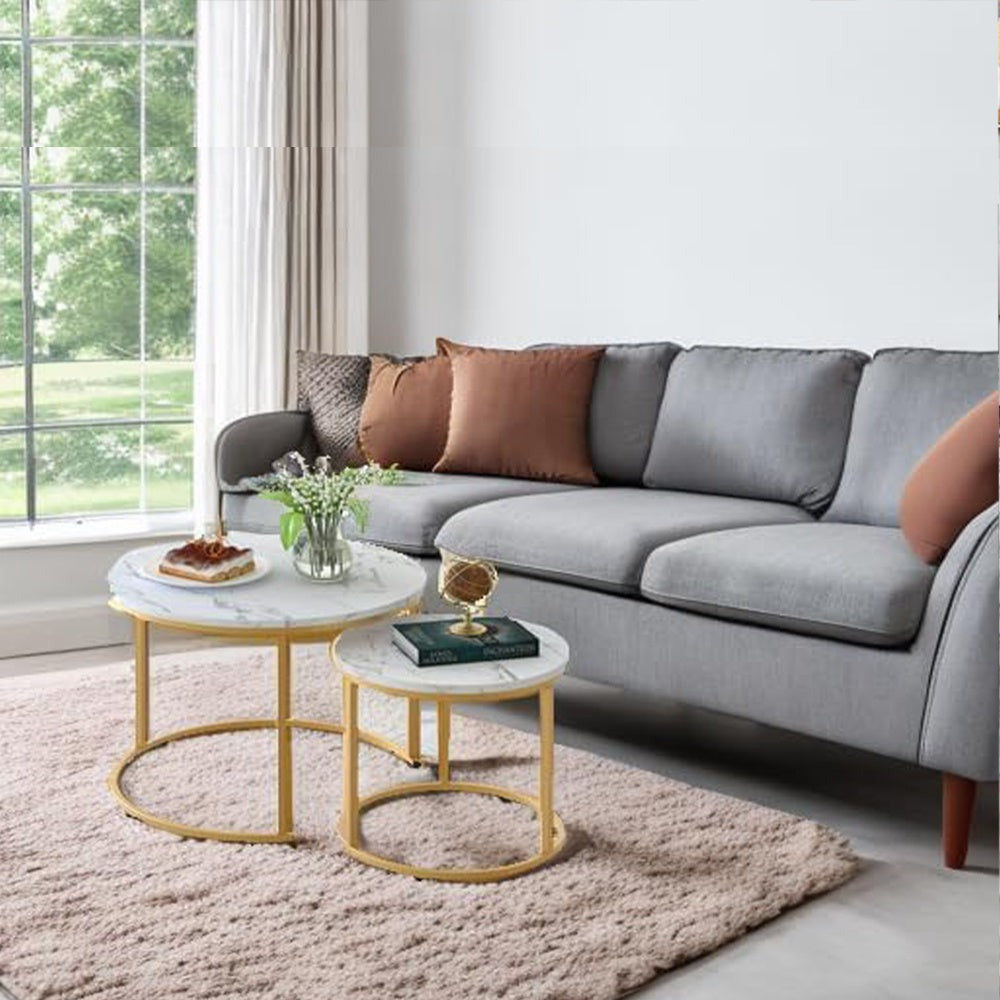 Round Nesting Coffee Tables Set of 2 Stackable Sofa Side Tables Living Room Gold White Wooden Nesting Table Pair with Storage Space UK