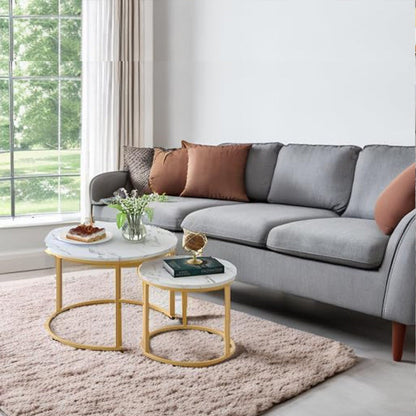 Round Nesting Coffee Tables Set of 2 Stackable Sofa Side Tables Living Room Gold White Wooden Nesting Table Pair with Storage Space UK