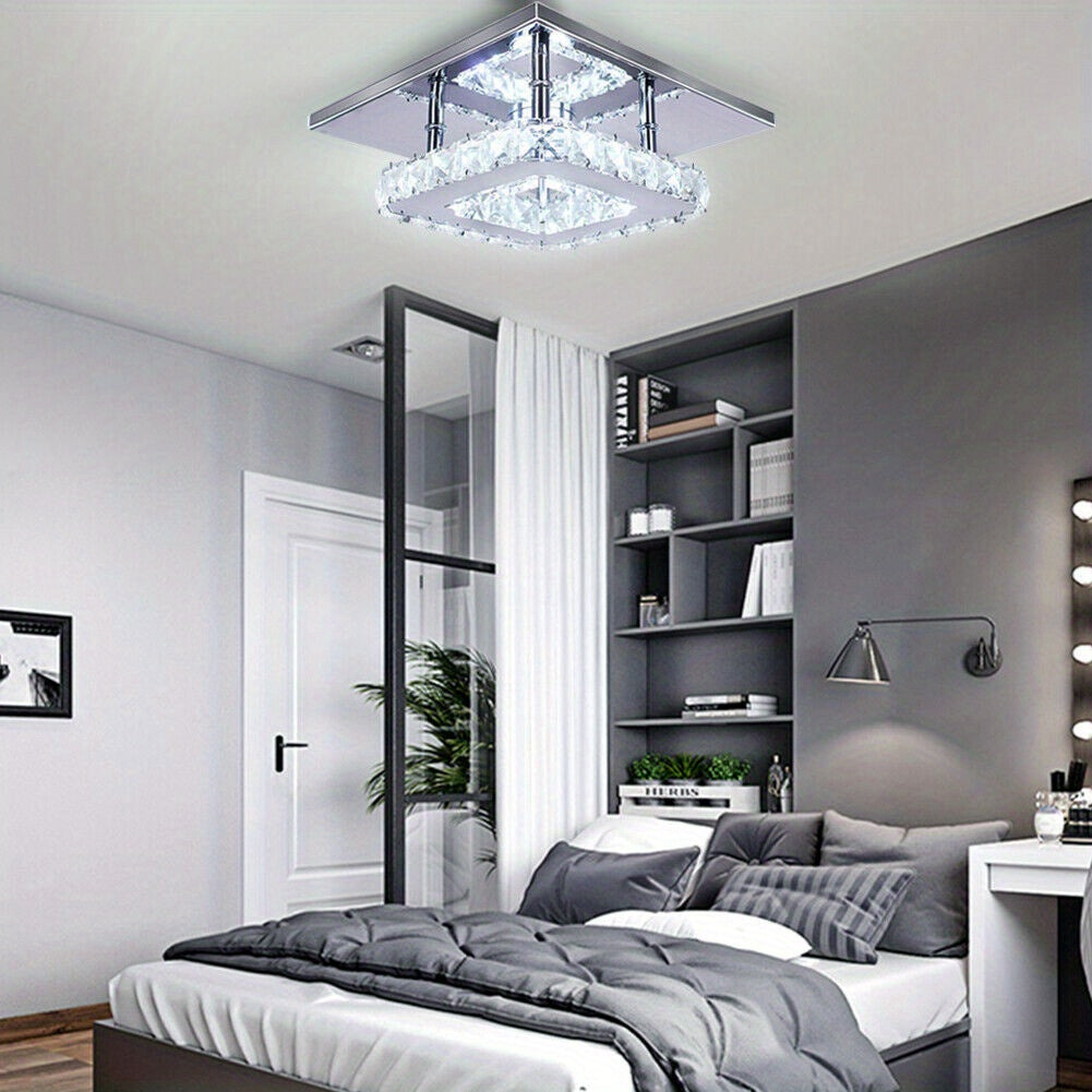 Contemporary Mini Crystal Chandelier, Square Single-layer LED Crystal Ceiling Light, Plain Crystal Ceiling Lighting Chrome Crystal Pendant, 12W 6000K Cold White Light, for Living Room Kitchen Office Bedroom Dining Room Island, 21*21cm/ 8.27*8.27inch.
