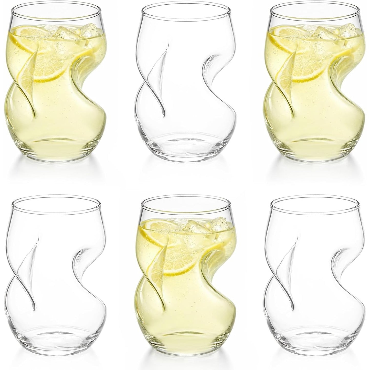 6pcs Wave Shape Drinking Glasses, 400ml Curved Creative Glassware for Cocktails, Juice, Soda, Beer, Whisky & Tea
